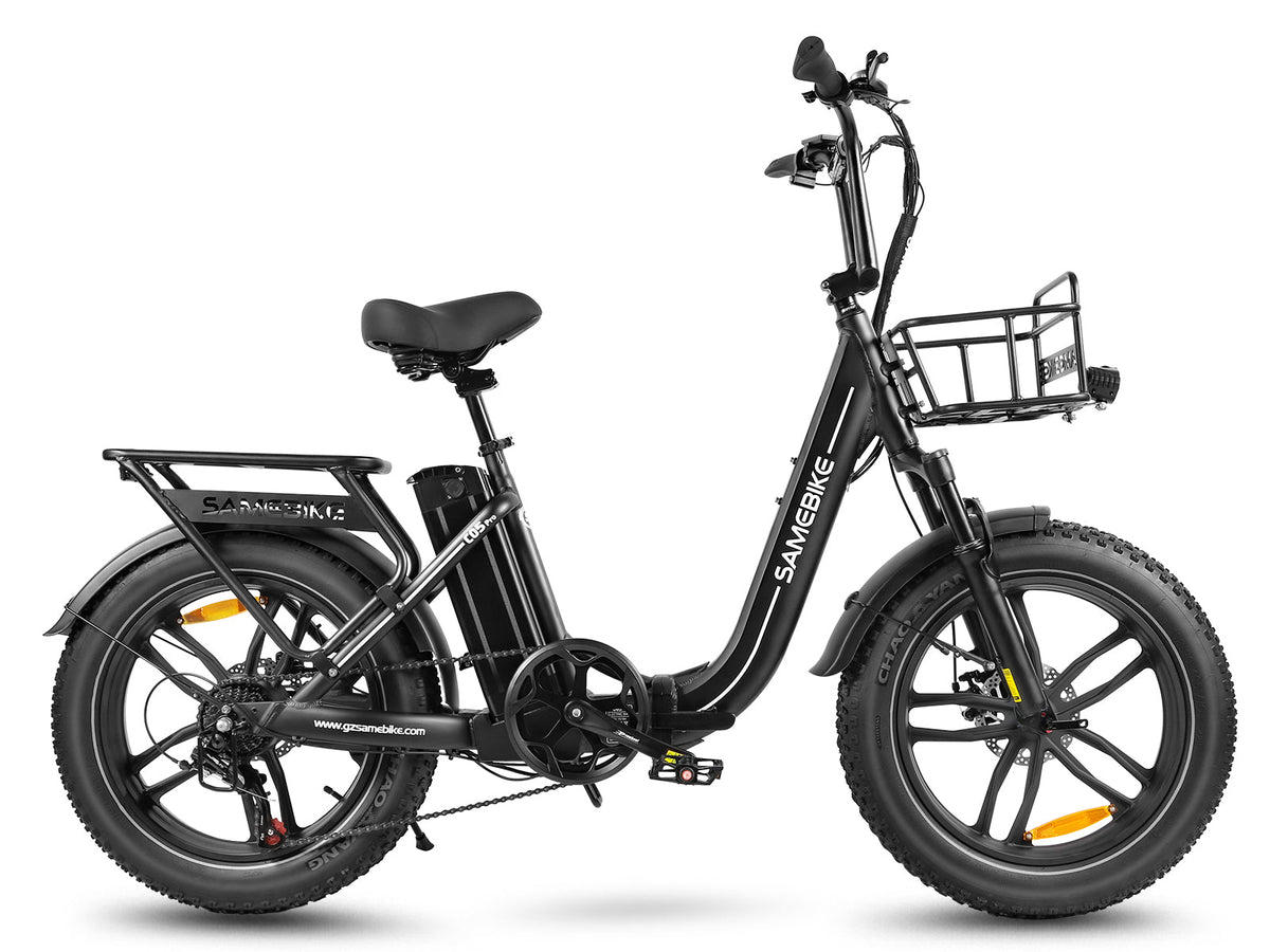 Samebike C05 Pro in Black, side view: step-through frame, 20 x 4 inch fat tires, front basket and rear rack (Samebike's photo)