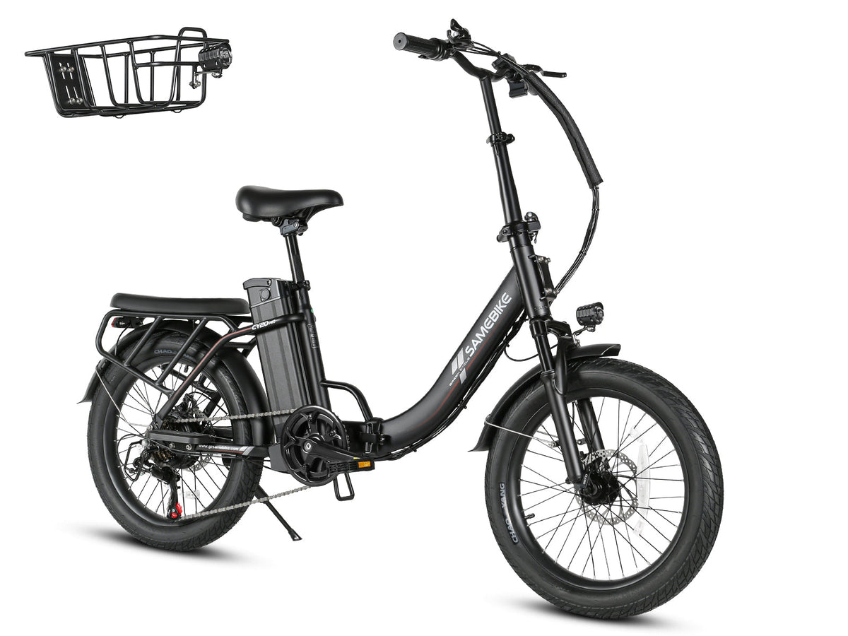 Samebike CY20 Pro in Black, three-quarter front view on white, with the included front basket shown beside it (Samebike's photo) — Zeus eBikes Canada
