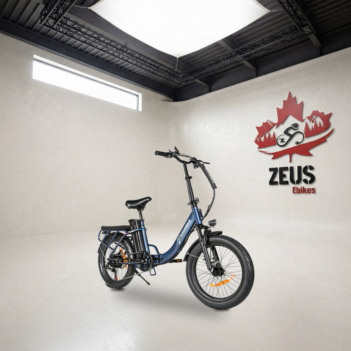 Samebike CY20 Pro folding step-thru e-bike in Navy, with its rear rack and seat-integrated battery: Samebike's own photo of the bike, set in the Zeus eBikes studio — Zeus eBikes Canada