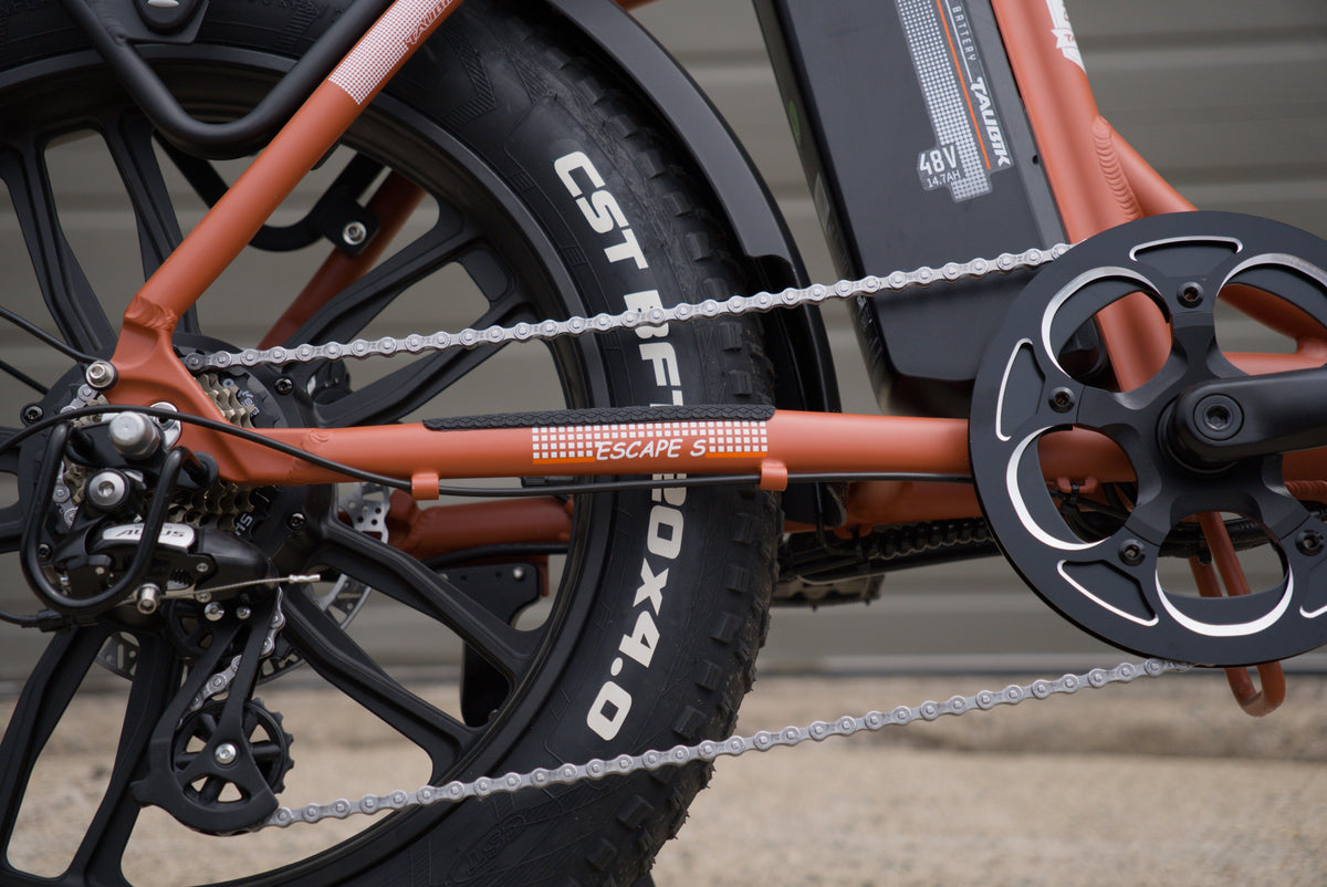 Chainring, Escape S frame decal and CST BFT 20 x 4.0 fat tire on the Taubik Escape S in Matte Clay Red