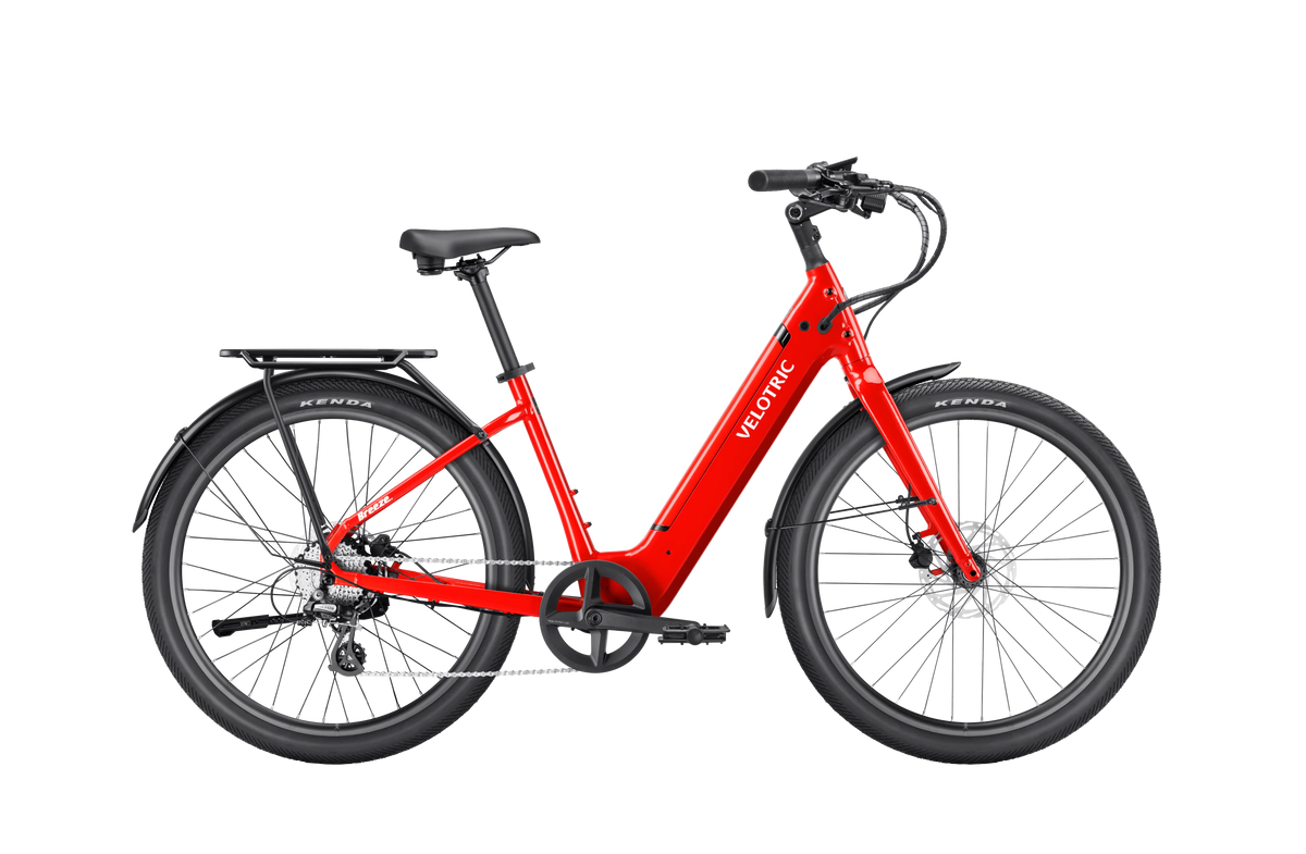 Velotric Breeze 1 in Classic Scarlet shown with the optional rear rack and fenders, sold separately — Zeus eBikes Canada
