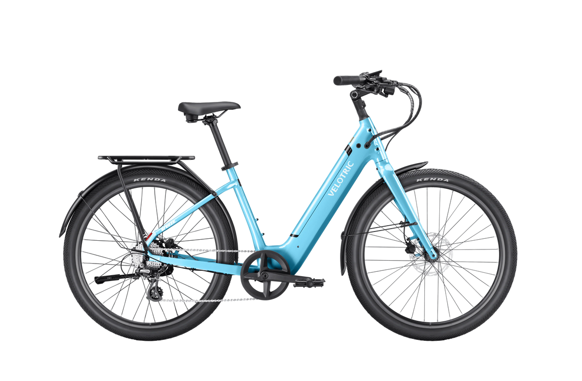 Velotric Breeze 1 in Ocean Mist shown with the optional rear rack and fenders, sold separately — Zeus eBikes Canada