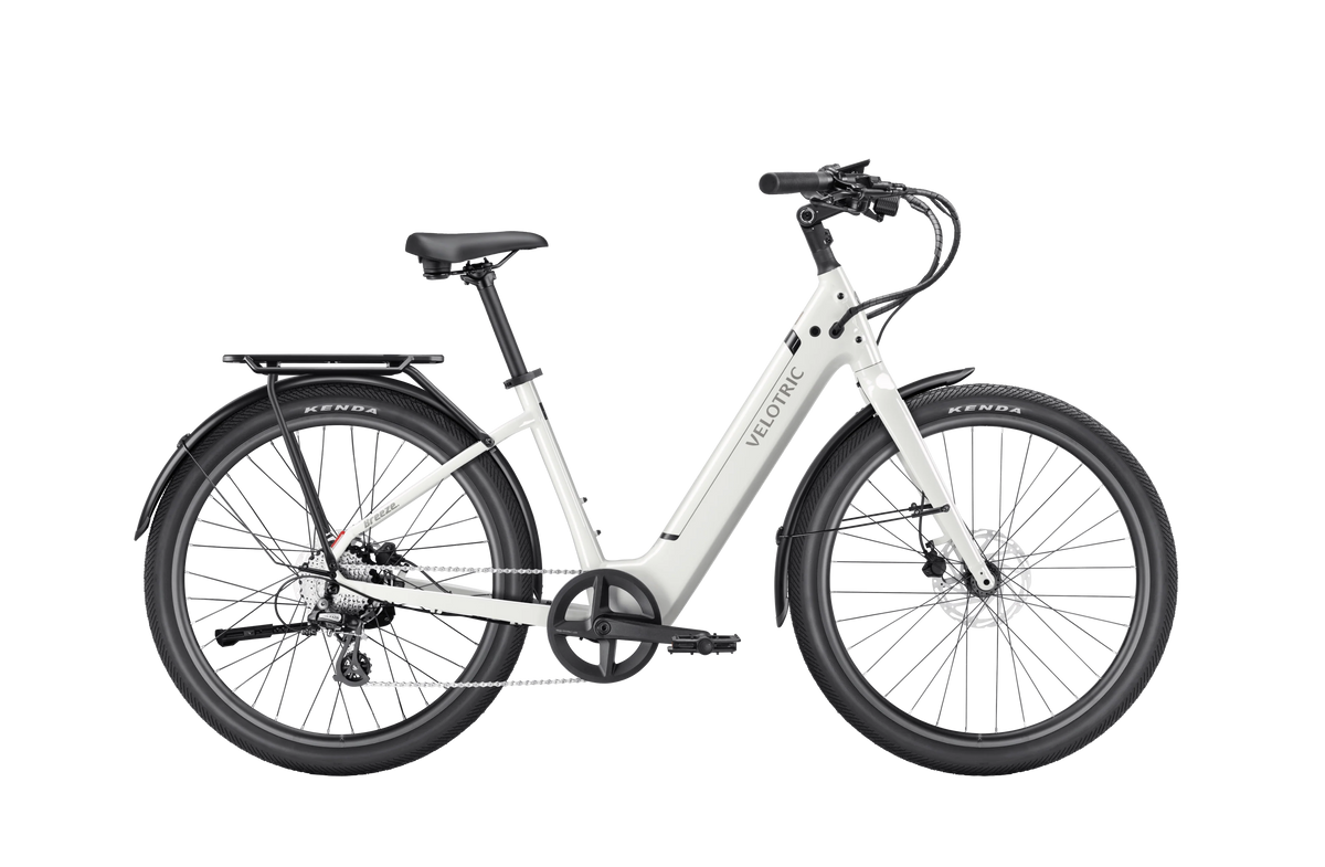 Velotric Breeze 1 in Satin White shown with the optional rear rack and fenders, sold separately — Zeus eBikes Canada