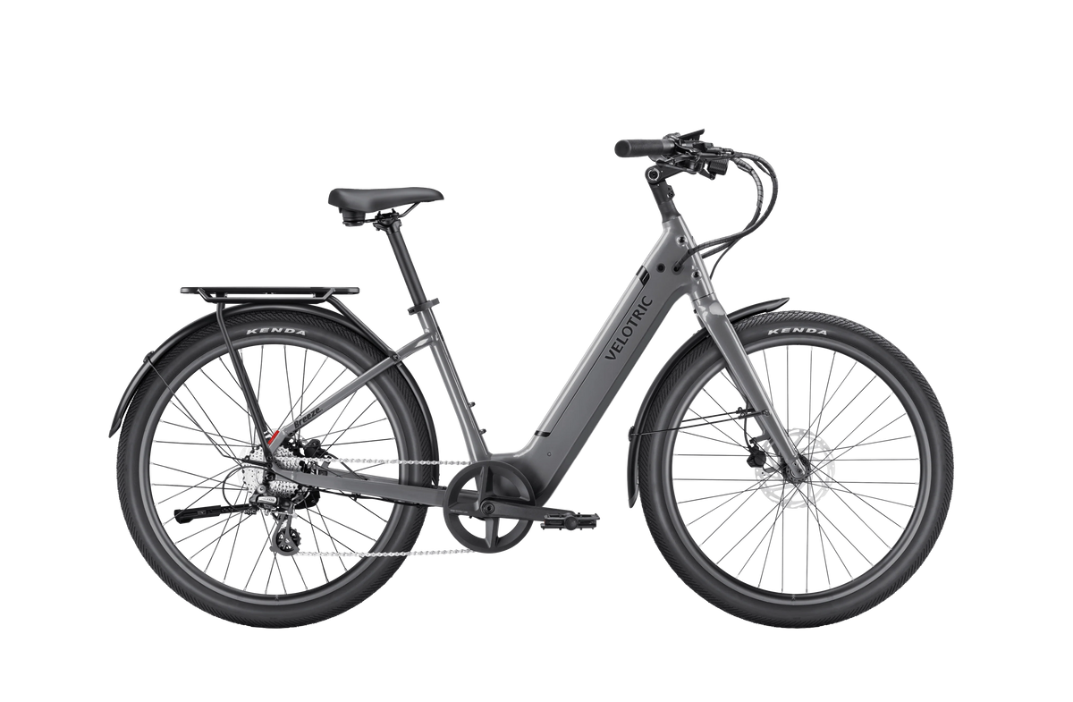 Velotric Breeze 1 in Slate Gray shown with the optional rear rack and fenders, sold separately — Zeus eBikes Canada