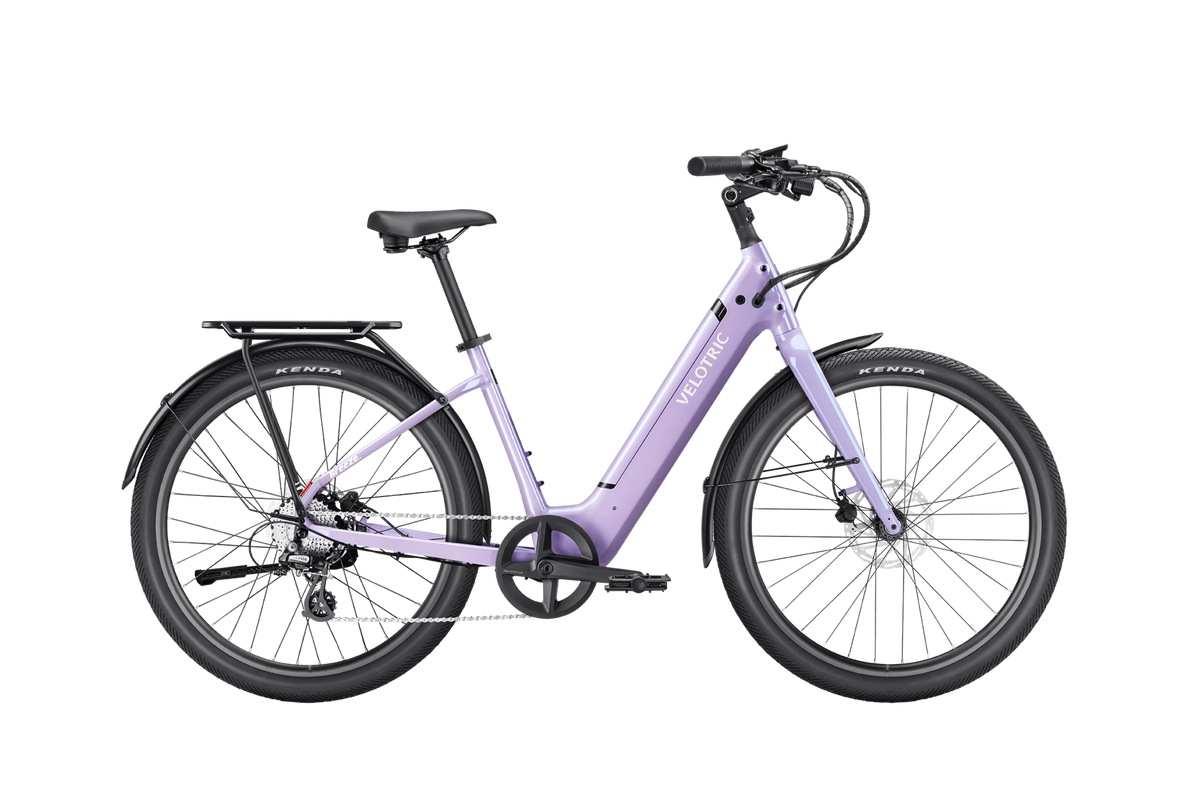Velotric Breeze 1 in Violet Haze shown with the optional rear rack and fenders, sold separately — Zeus eBikes Canada
