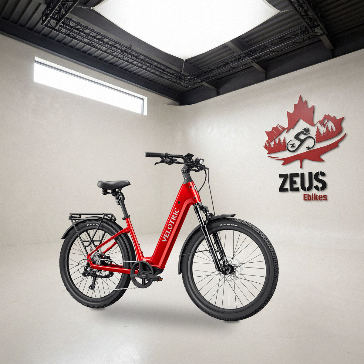 Velotric Discover 3 step-through commuter e-bike in Cherry Crimson: Velotric's own photo set in the Zeus eBikes studio — Zeus eBikes Canada