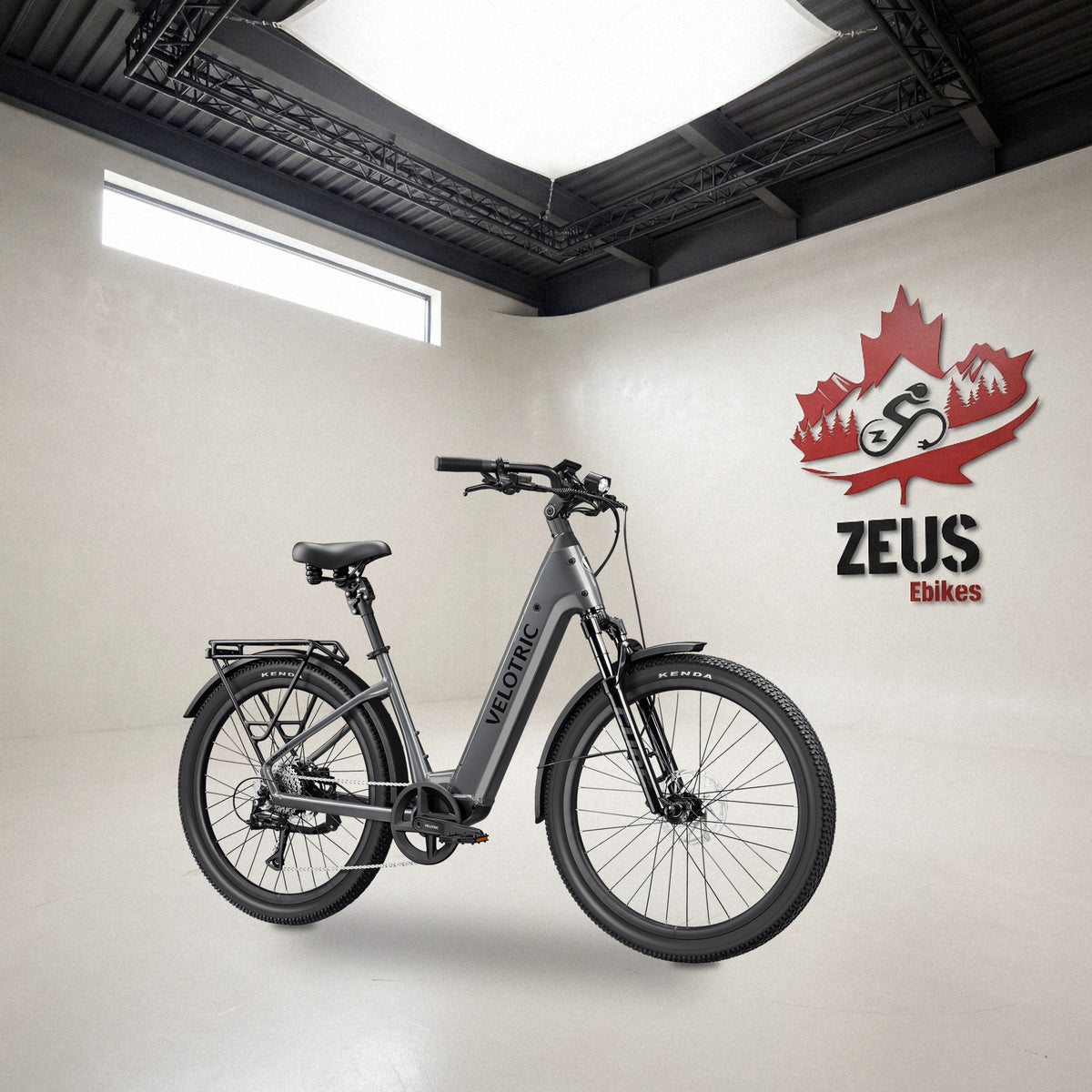 Velotric Discover 3 step-through commuter e-bike in Stone Gray: Velotric's own photo set in the Zeus eBikes studio — Zeus eBikes Canada
