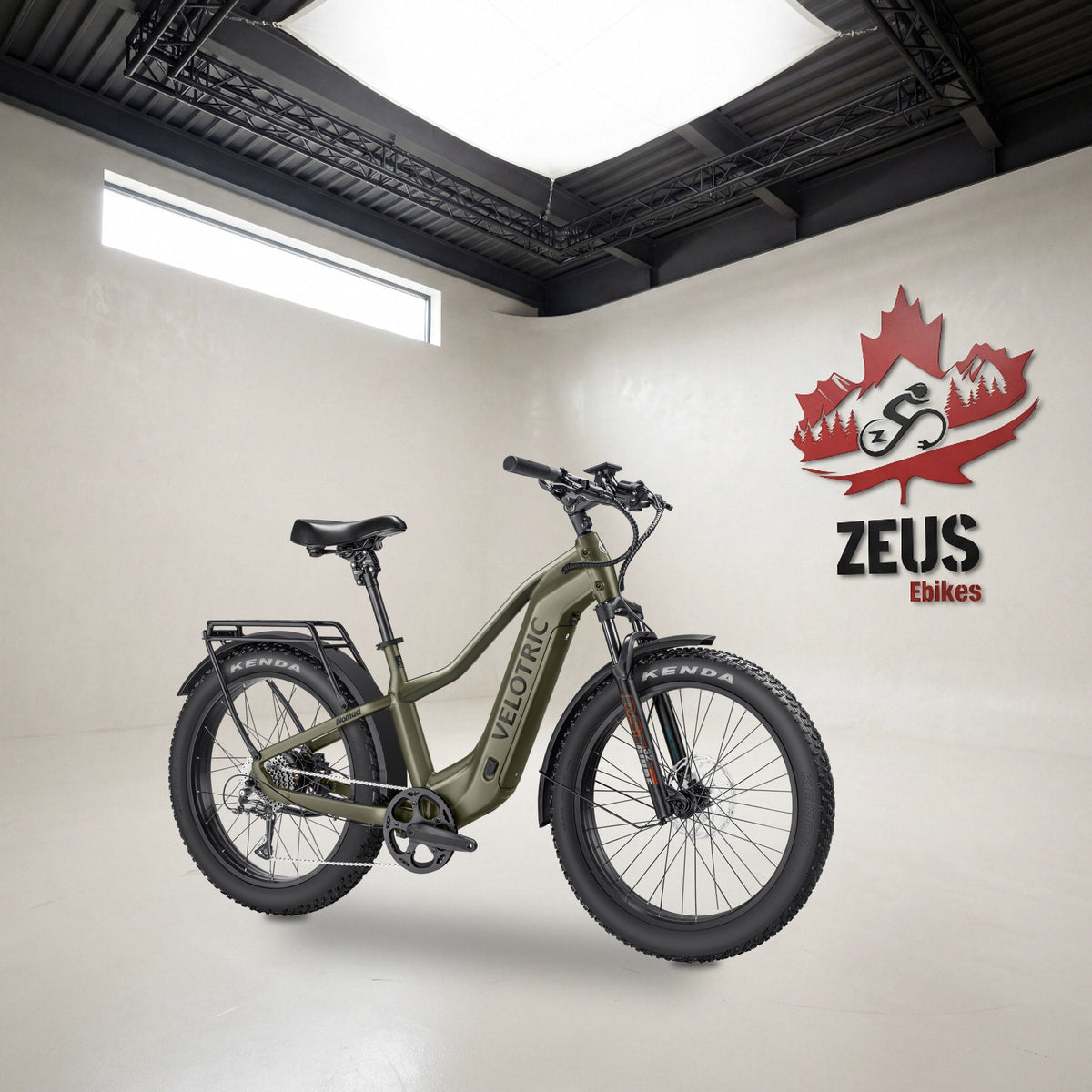 Velotric Nomad 2 fat-tire e-bike, High-Step frame in Sage: Velotric's own photo set in the Zeus eBikes studio — Zeus eBikes Canada