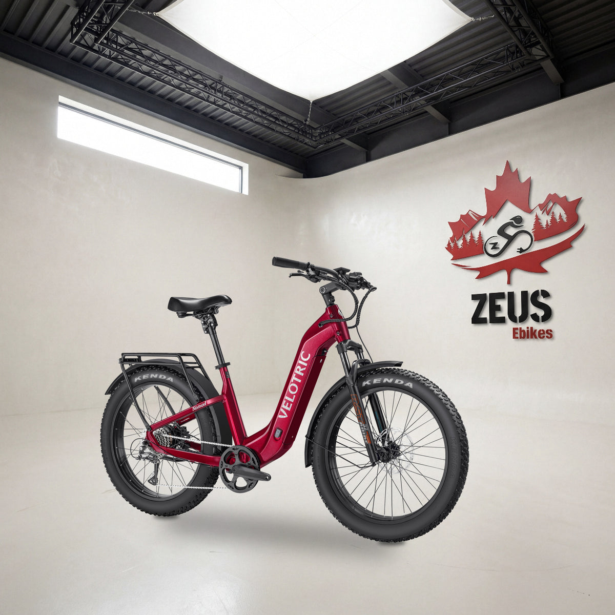 Velotric Nomad 2 fat-tire e-bike, Step-Thru frame in Cranberry: Velotric's own photo set in the Zeus eBikes studio — Zeus eBikes Canada