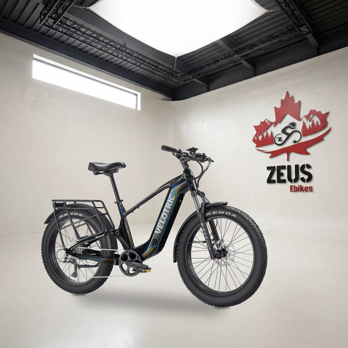 Velotric Nomad 2X full-suspension fat-tire e-bike, High-Step frame in Obsidian: Velotric's own photo set in the Zeus eBikes studio β Zeus eBikes Canada