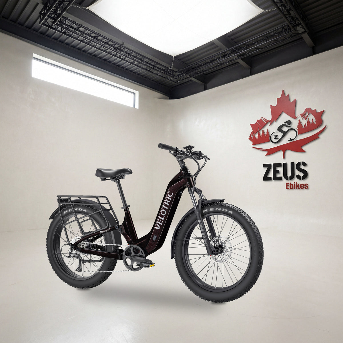 Velotric Nomad 2X full-suspension fat-tire e-bike, Step-Thru frame in Fig: Velotric's own photo set in the Zeus eBikes studio β Zeus eBikes Canada