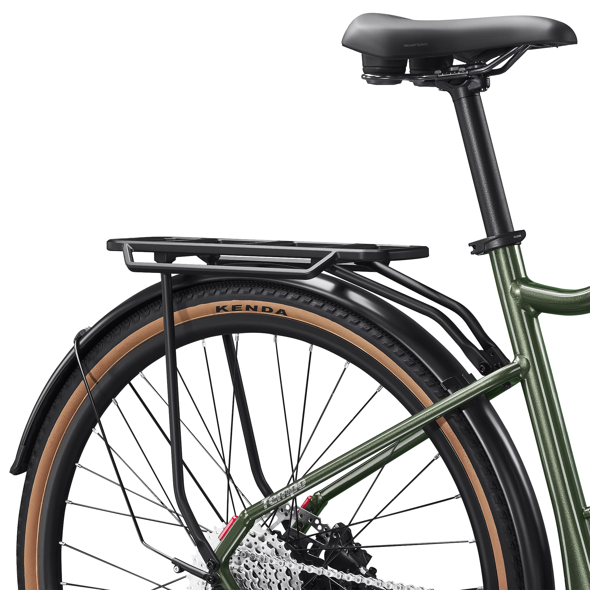 Velotric Tempo rear rack fitted to a green Velotric Tempo eBike above the rear wheel