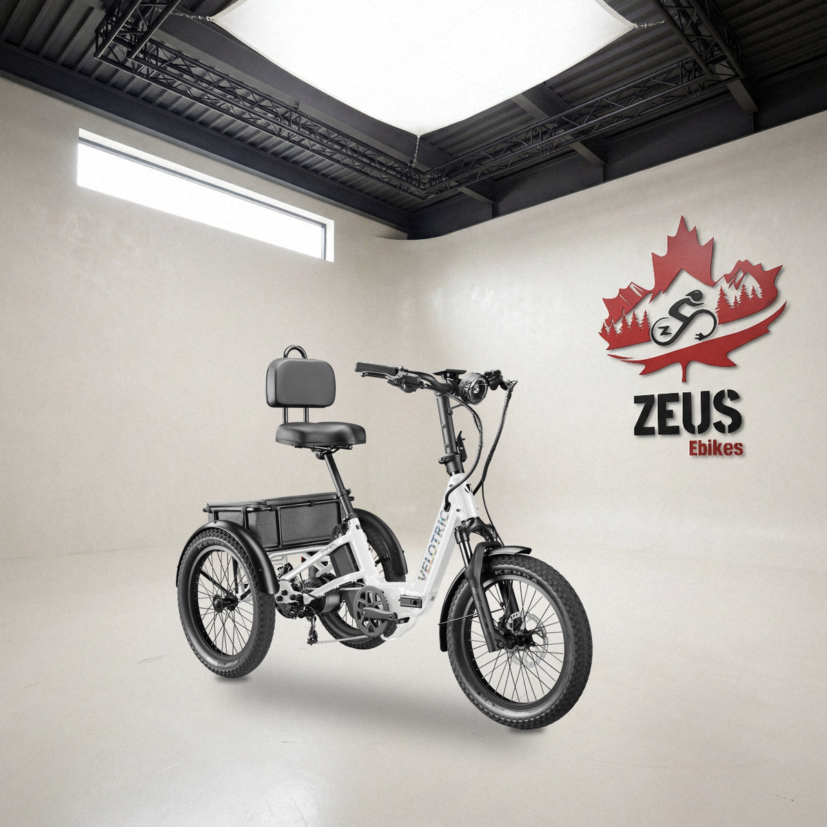 Velotric Triker electric trike in Pearl White: Velotric's own photo set in the Zeus eBikes studio — Zeus eBikes Canada