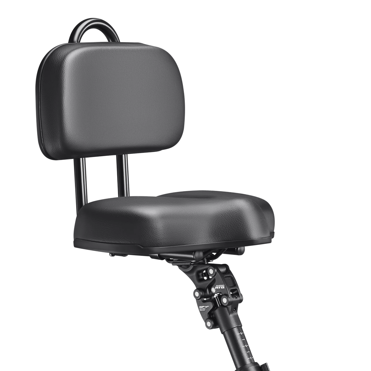 Velotric Triker suspension seatpost fitted on the trike beneath a padded saddle with backrest