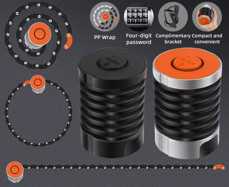 Supplier slide for the West Biking folding lock: the black and the orange versions folded, the lock unfolded as a coil, a ring and a straight line, and icons labelled PP Wrap, Four-digit password, Complimentary bracket, Compact and convenient — Zeus eBikes Canada