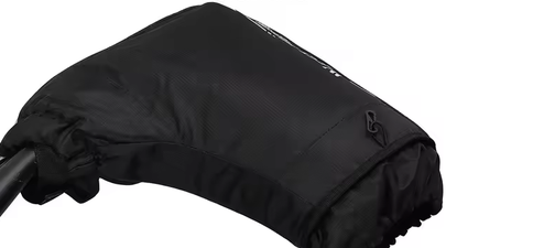 One West Biking handlebar mitten on a flat handlebar, with a drawcord and toggle at its cuff — Zeus eBikes Canada
