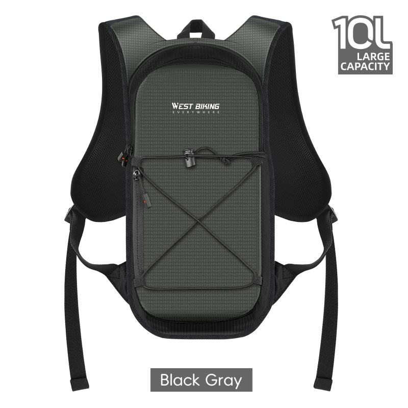 West Biking 10L hydration backpack in Black Grey, front view, with a criss-cross drawstring cord over the front panel and a 10L Large Capacity badge — Zeus eBikes Canada