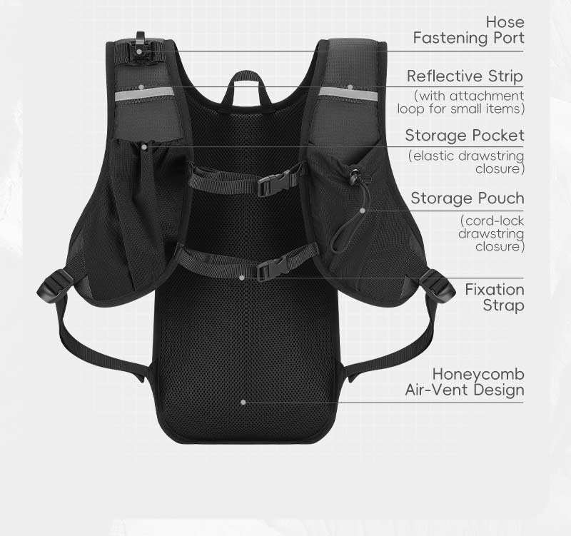Supplier diagram of the West Biking hydration backpack harness from behind: hose fastening port, reflective strips with attachment loops, shoulder-strap storage pocket and pouch, fixation straps and honeycomb air-vent back panel — Zeus eBikes Canada