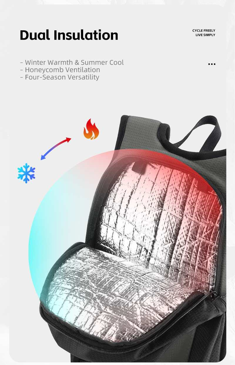 Supplier image of the foil-lined bladder compartment inside the West Biking hydration backpack, headed Dual Insulation — Zeus eBikes Canada