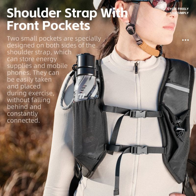 Rider wearing the West Biking hydration backpack with a water bottle in a shoulder-strap pocket and two buckled straps across the chest — Zeus eBikes Canada