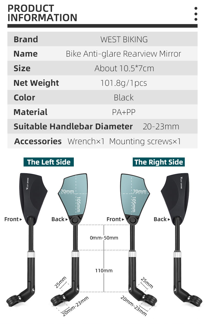 Supplier specification sheet for the West Biking mirror: brand, size about 10.5 by 7 cm, 101.8 g per piece, PA+PP, 20 to 23 mm bars, wrench and mounting screw, with front and back views and dimensions — Zeus eBikes Canada