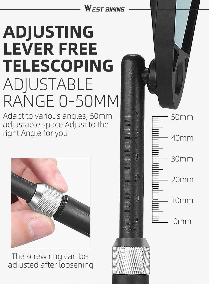 Supplier slide for the West Biking mirror: adjustable range 0 to 50 mm beside a millimetre scale, and a close-up of the screw ring that is loosened to adjust — Zeus eBikes Canada