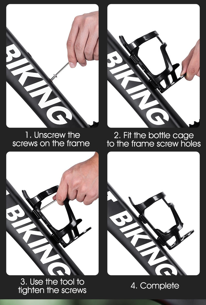 Four fitting steps: unscrew the frame bolts, line up the cage, tighten with a hex key, done