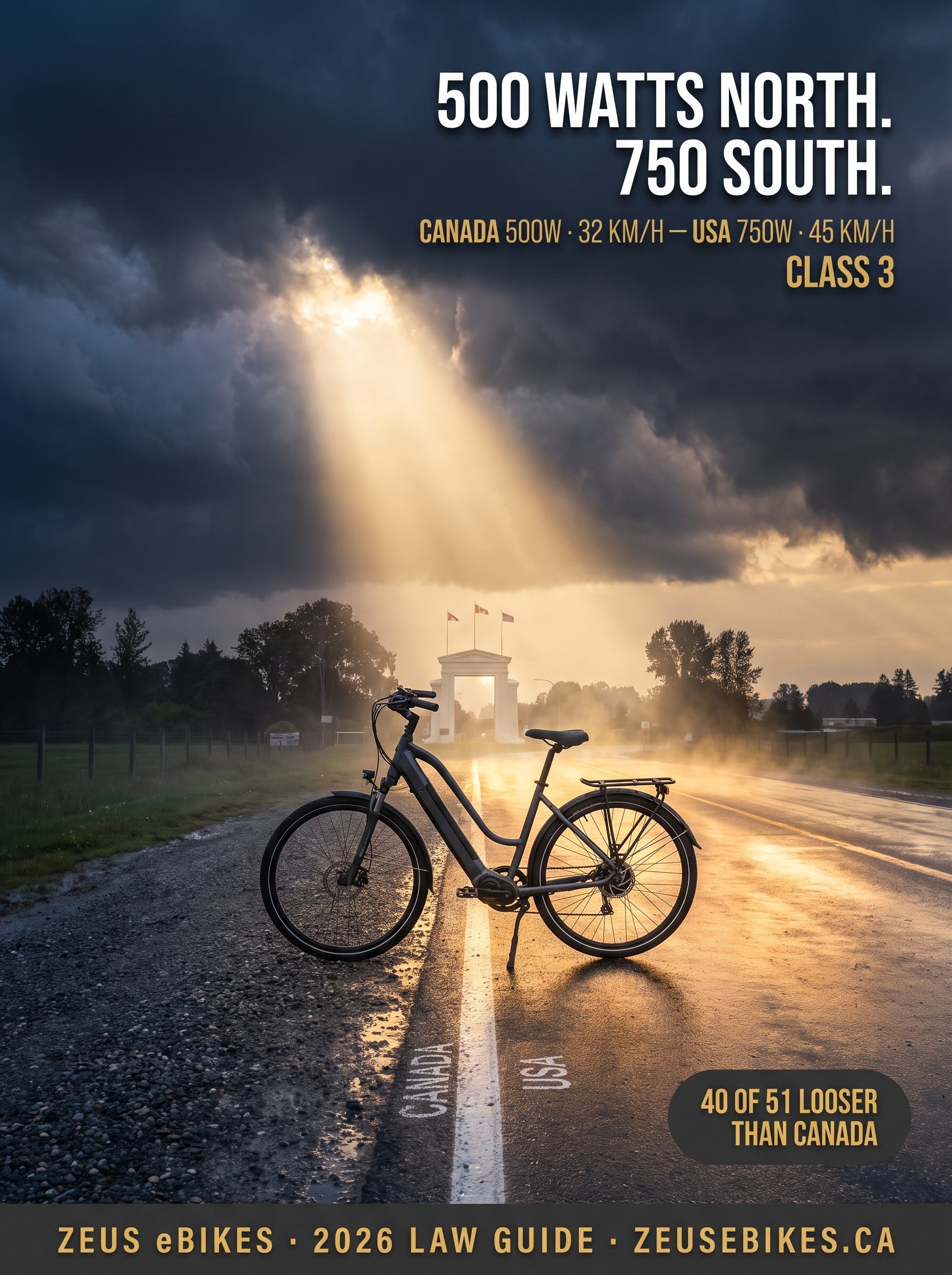 Canada vs USA e-bike laws 2026 — a commuter e-bike parked on the Canada-US border line under storm light