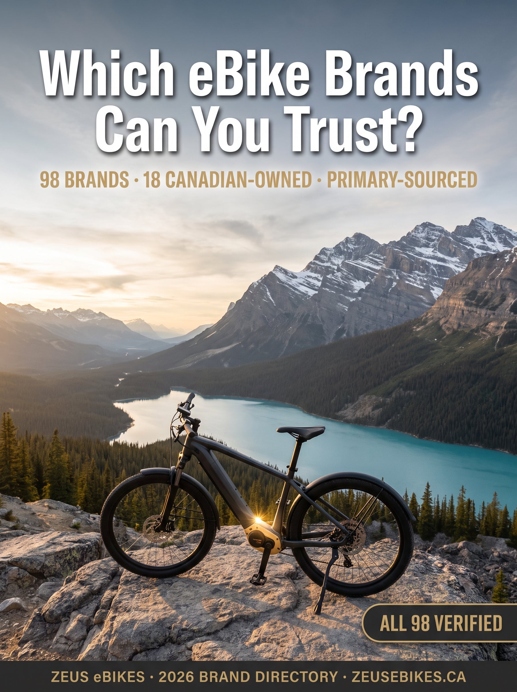 Zeus eBikes Canada brand directory cover — 98 verified electric bike brand profiles, Canadian Rockies, magazine style