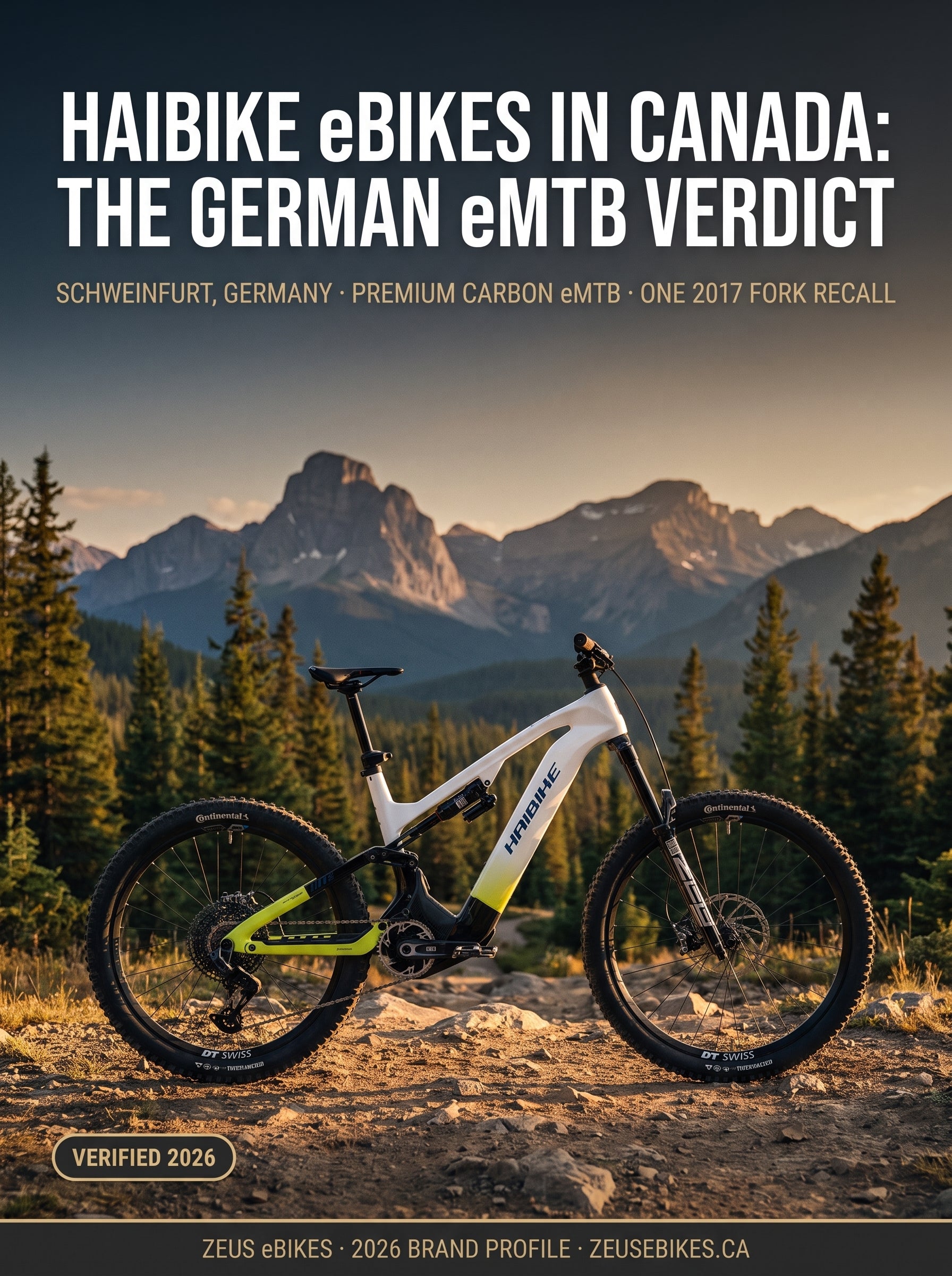Haibike HYBE CF 11 flagship eMTB on a Canadian Rocky Mountain trail — Zeus eBikes 2026 brand profile cover
