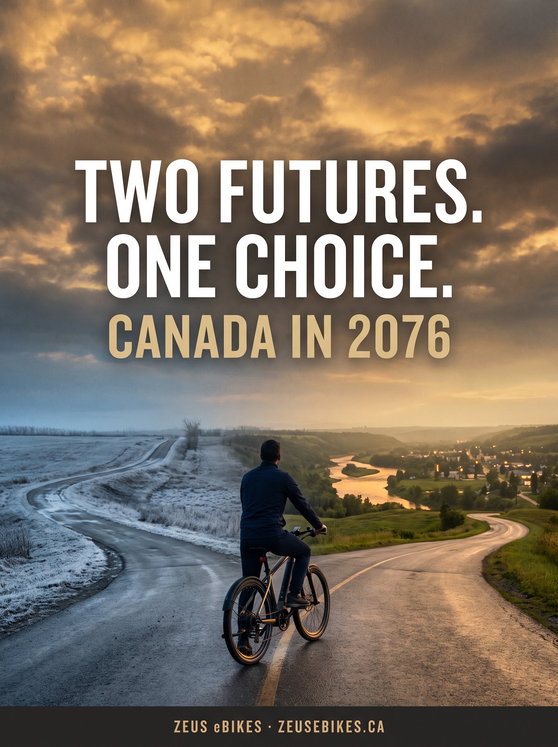 Canada 2076: two futures — a lone rider on an e-bike at a fork in a Canadian road, one branch frost-grey, the other a green river valley, under the words Two Futures One Choice