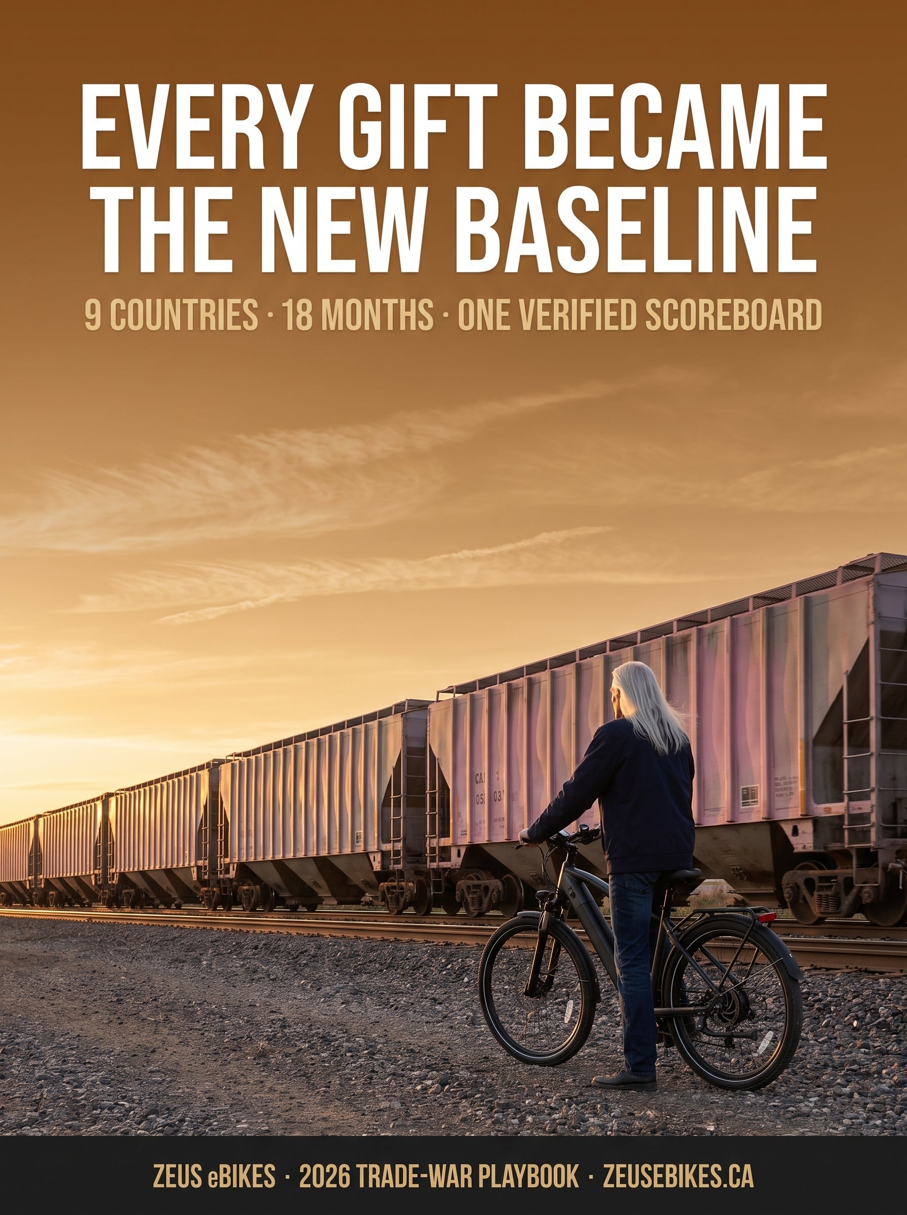A rider paused beside a prairie rail yard at golden hour, a long train of potash hopper cars stretching to the horizon under a vast Canadian sky
