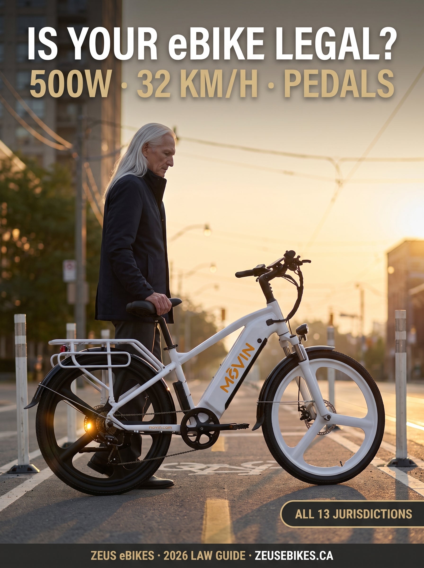 Is Your eBike Legal? — rider standing with a white Taubik Blackburn 275T at a Canadian bike-lane crossing at golden hour, Zeus eBikes 2026 Canadian law guide