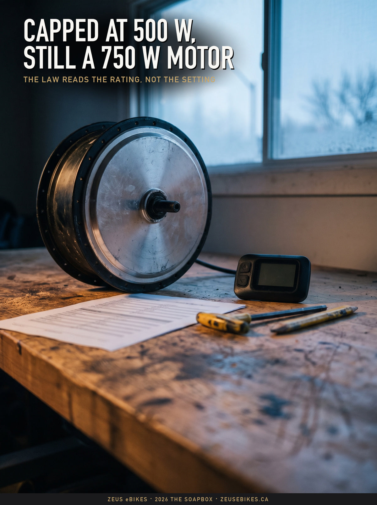 Playcut rendering of an unbranded e-bike hub motor and a dark handlebar control pad on a garage workbench at dusk, with the headline Capped at 500 W, still a 750 W motor