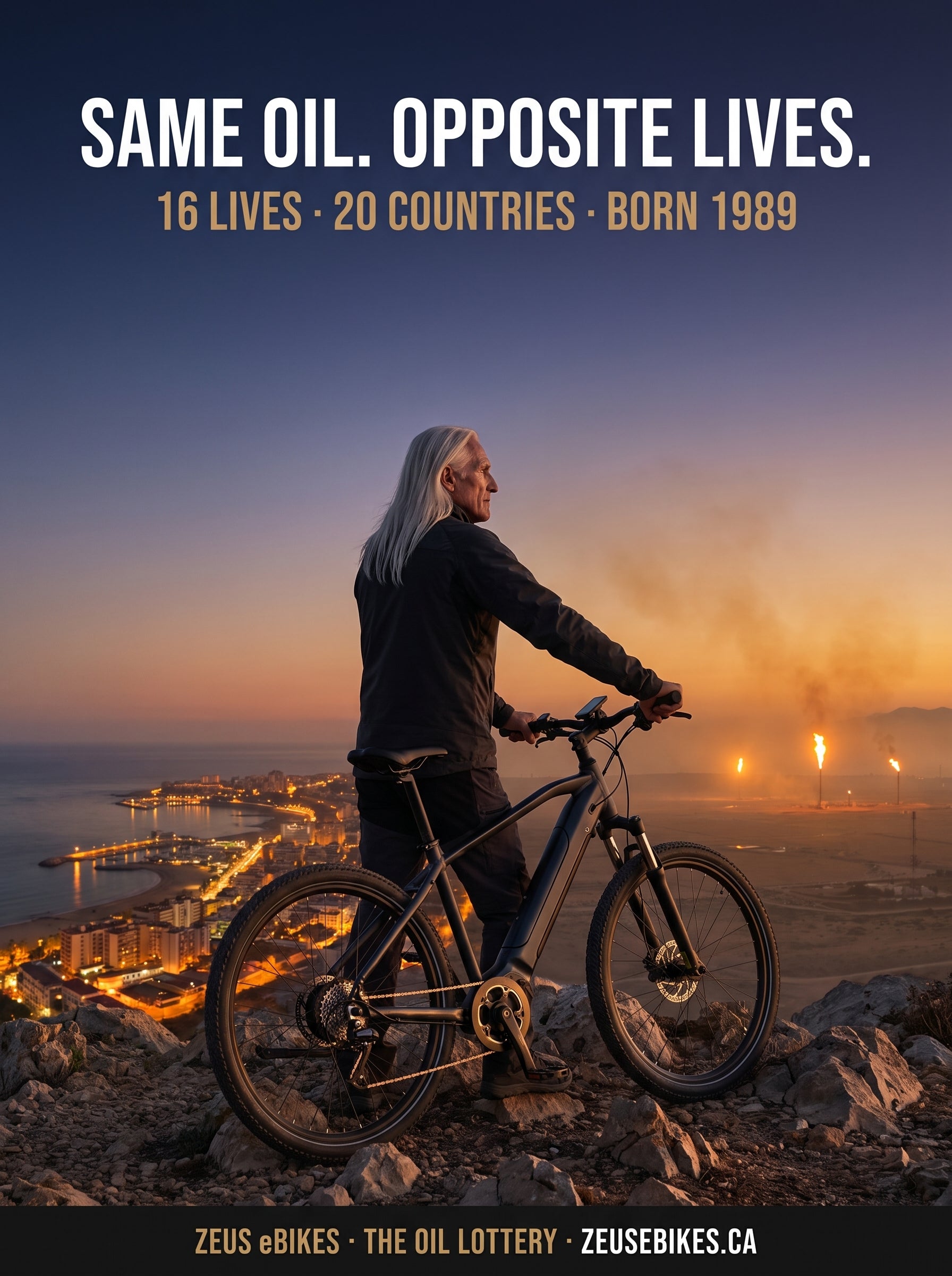 A rider beside his e-bike on a dawn ridge above a divided valley: a warm coastal city on one side, gas flares and refinery haze on the other, under the headline Same Oil Opposite Lives