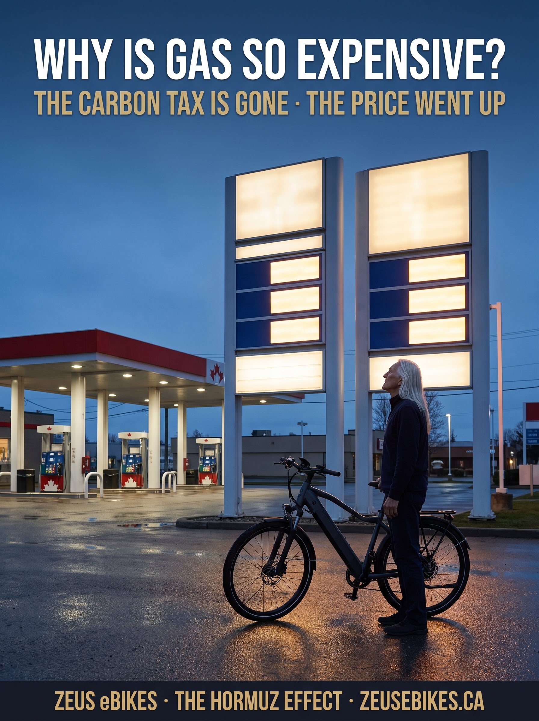 A rider beside his e-bike at a Canadian gas station at dusk, looking up at glowing but blank price signs, under the headline Why Is Gas So Expensive
