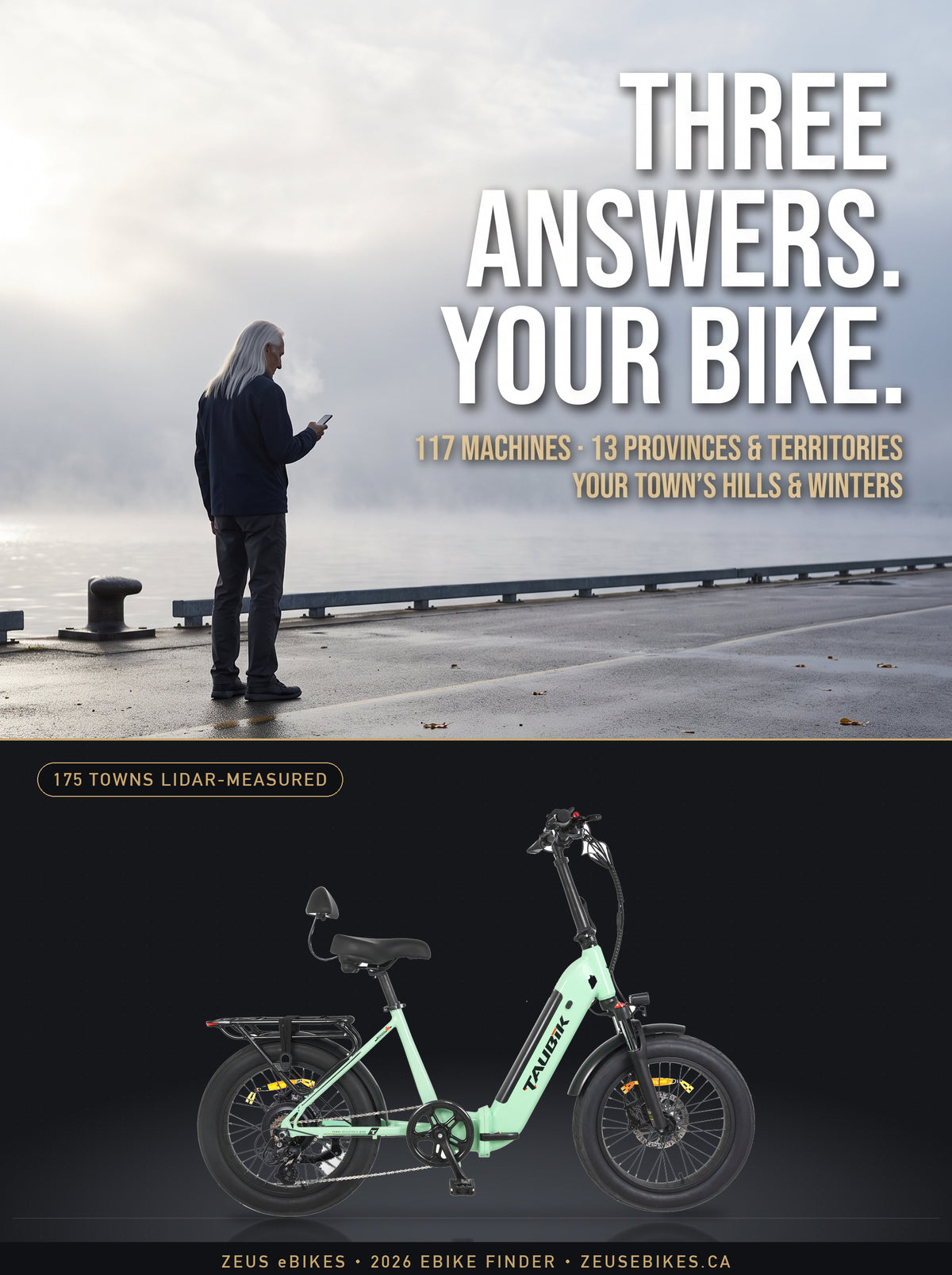 Rider pausing with an eBike on a Canadian pathway at golden hour, checking a route on a phone