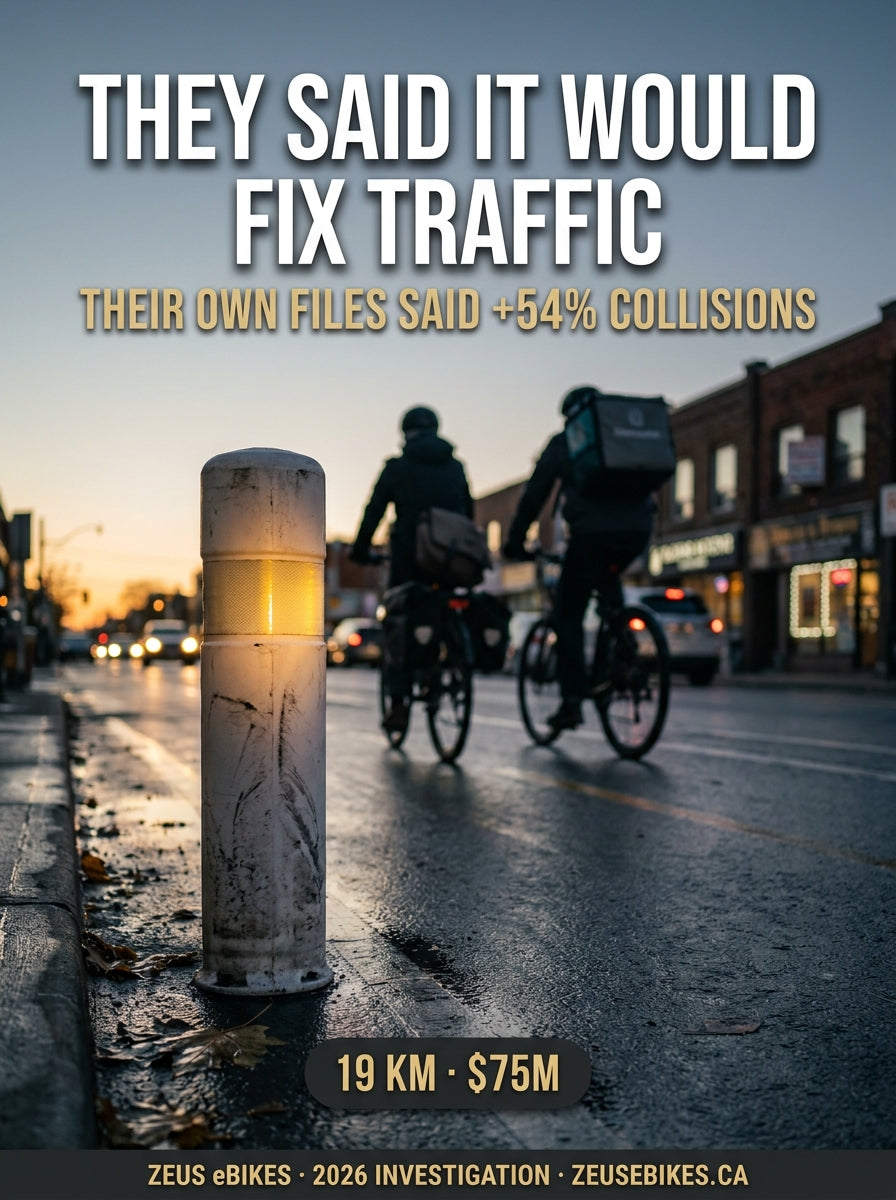 A protected bike lane on Bloor Street in Toronto at dusk, bollards separating riders from traffic