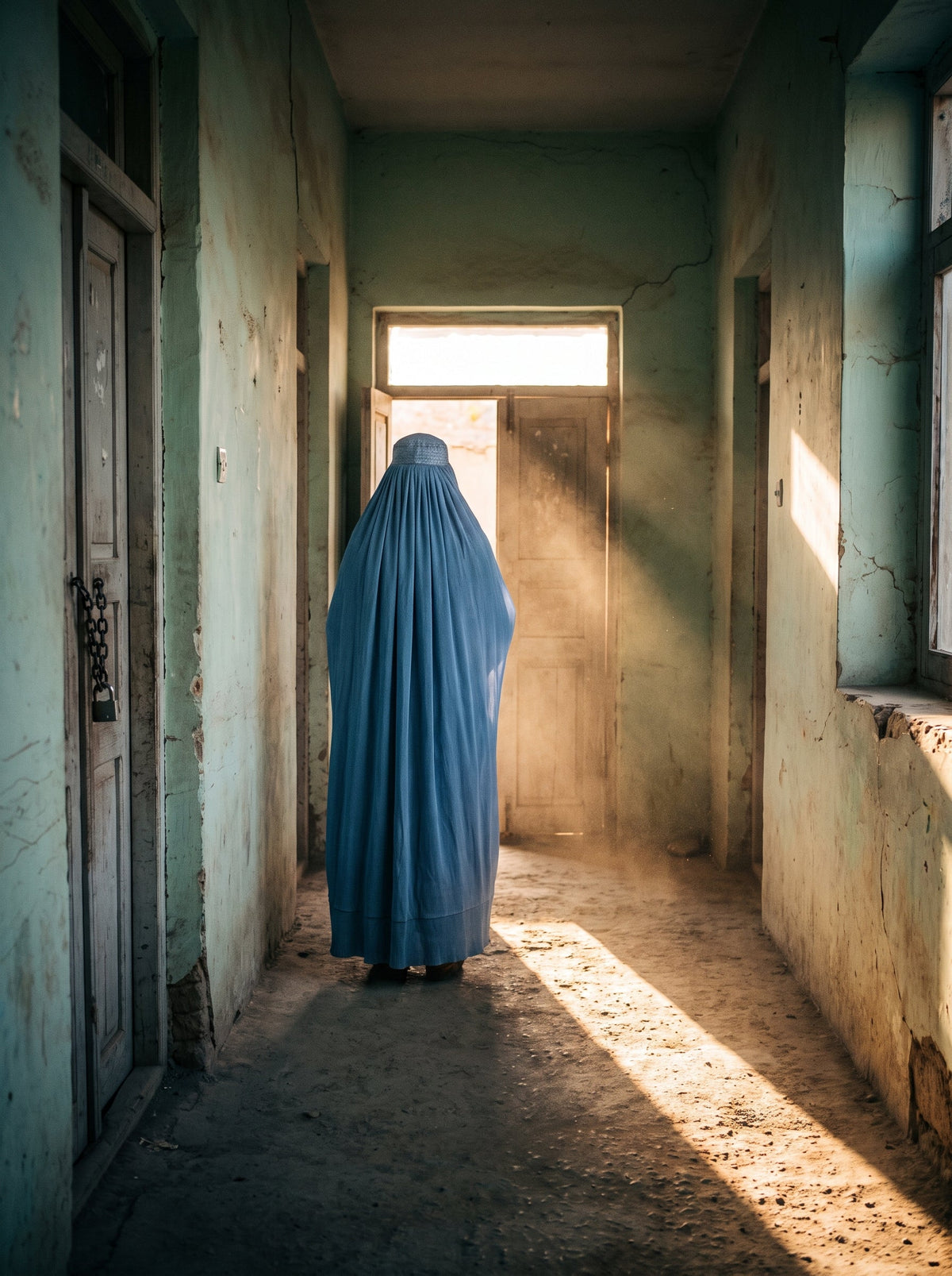 A woman in a sky-blue chadari stands at the end of a shuttered clinic corridor, a shaft of late light crossing the floor