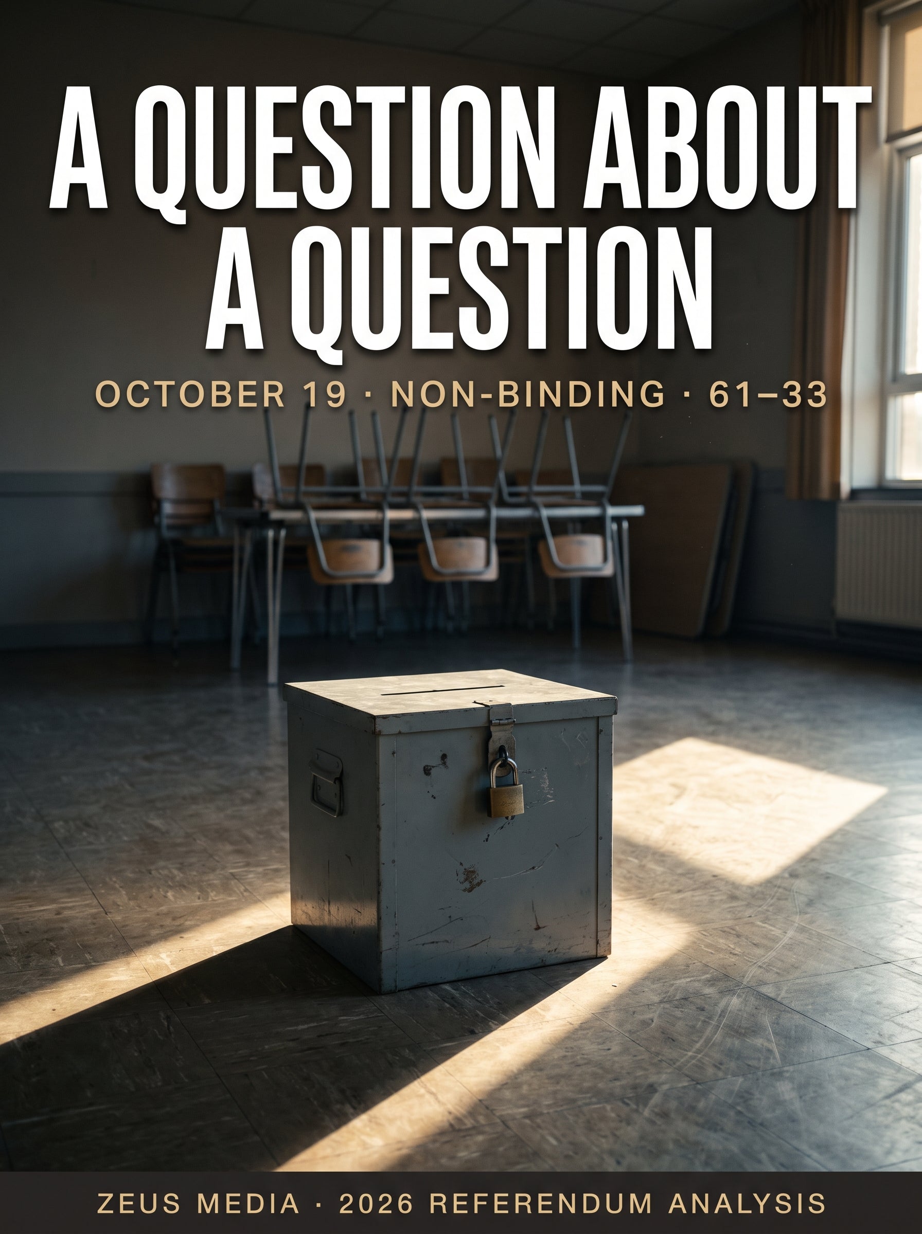 A single padlocked grey ballot box alone on the worn linoleum floor of an empty rural Alberta community hall at first light, low gold window light raking across the room