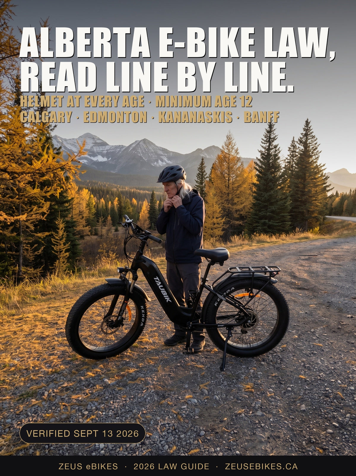 A rider fastens his helmet beside a black Taubik Tour S step-through e-bike at a Kananaskis roadside pullout under golden larches · Alberta E-Bike Laws 2026 · Zeus eBikes Canada