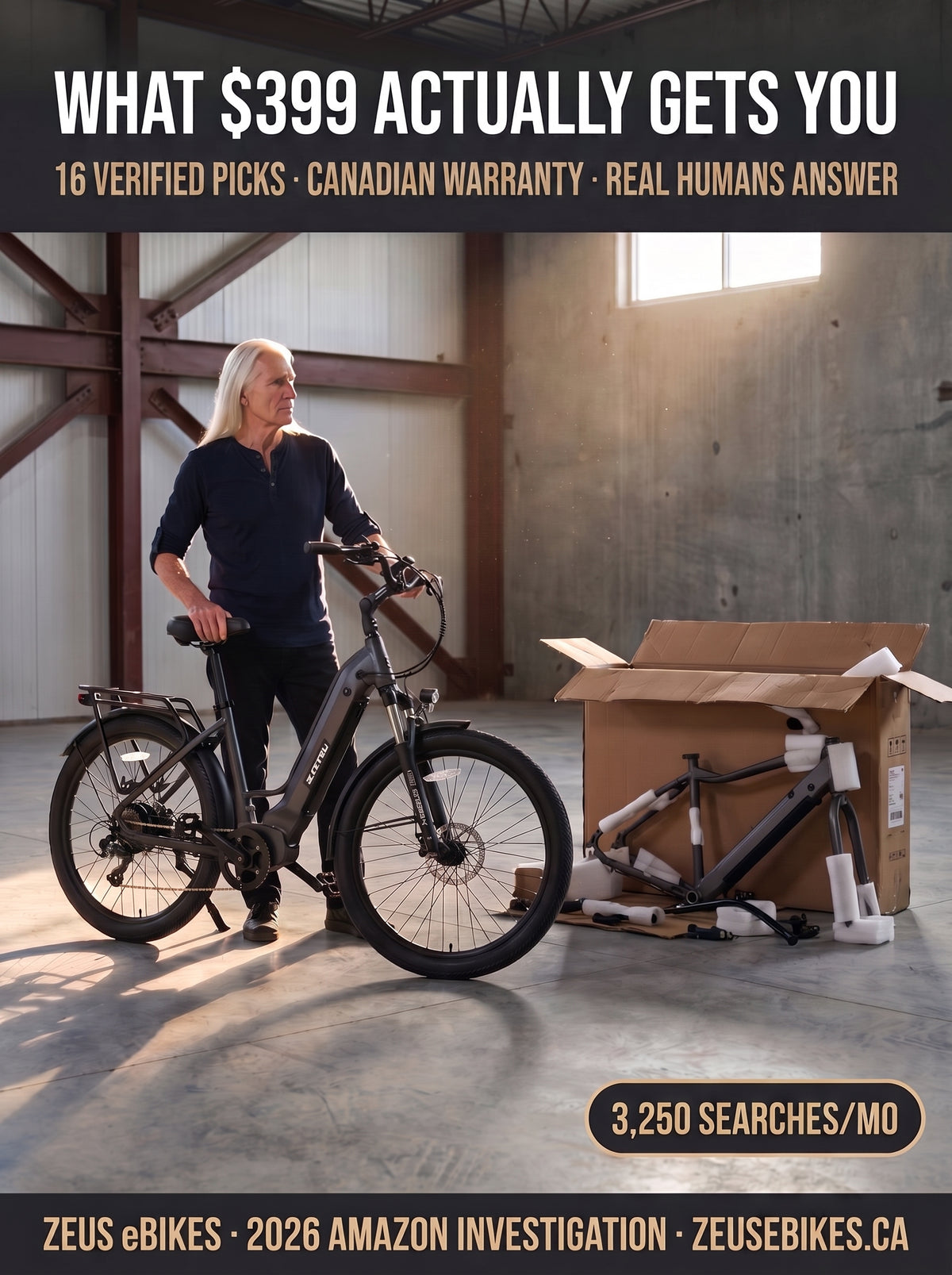 Zeus standing in a warehouse examining two electric bikes side by side — one in a torn Amazon shipping box, one assembled and gleaming under warm light — the moment of comparison