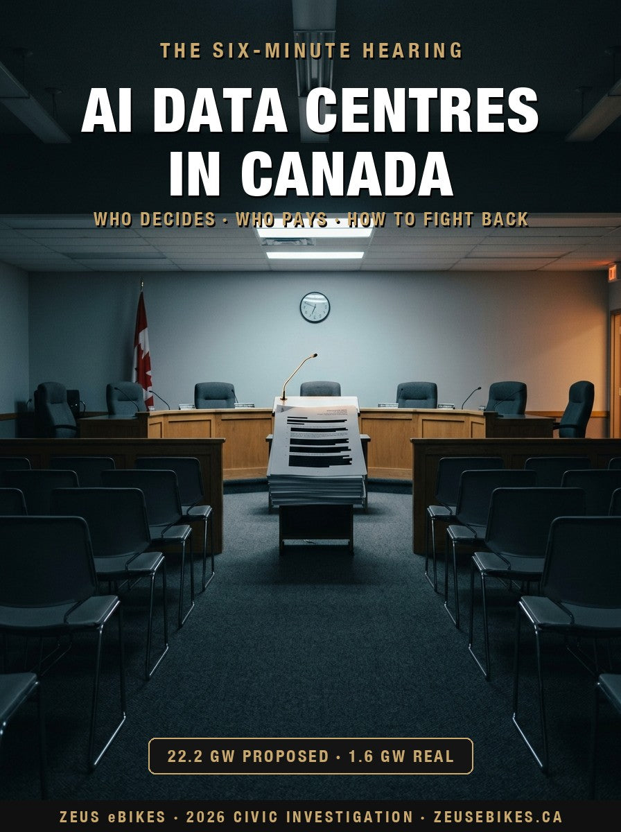 Empty small-town council chamber at night before a data-centre hearing — redacted documents stacked on the podium