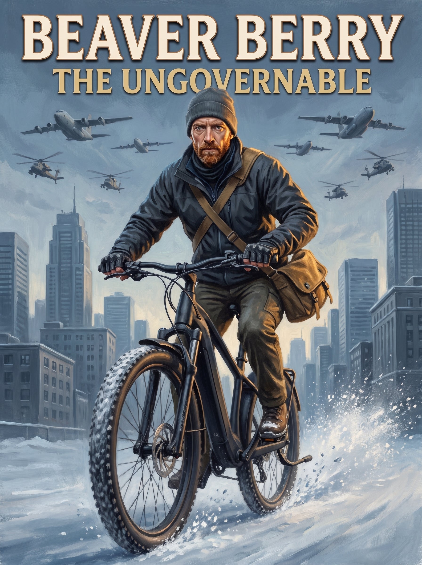 Painted comic cover: Beaver Berry rides an e-bike straight at the viewer out of an intact, occupied Canadian city.