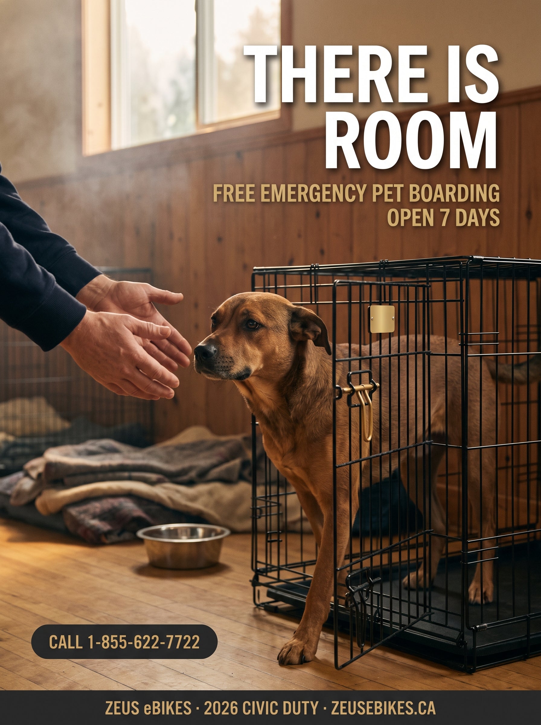 A dog stepping out of an open emergency crate toward welcoming hands at a Canadian evacuation reception centre — photo illustration created with Playcut AI