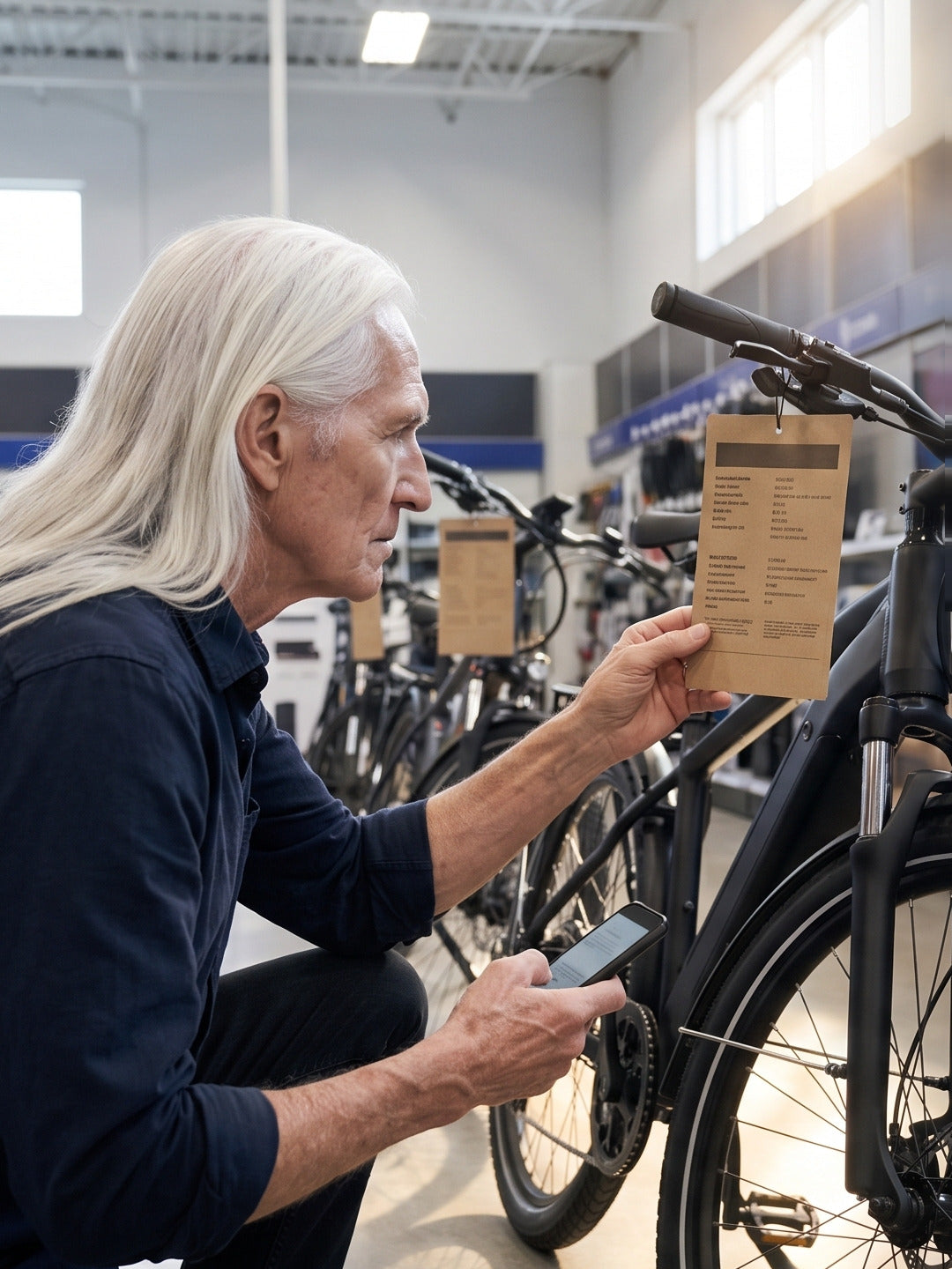 Zeus crouched in a big-box store aisle reading the spec tag on a display electric bike — Best Buy Canada eBike census 2026