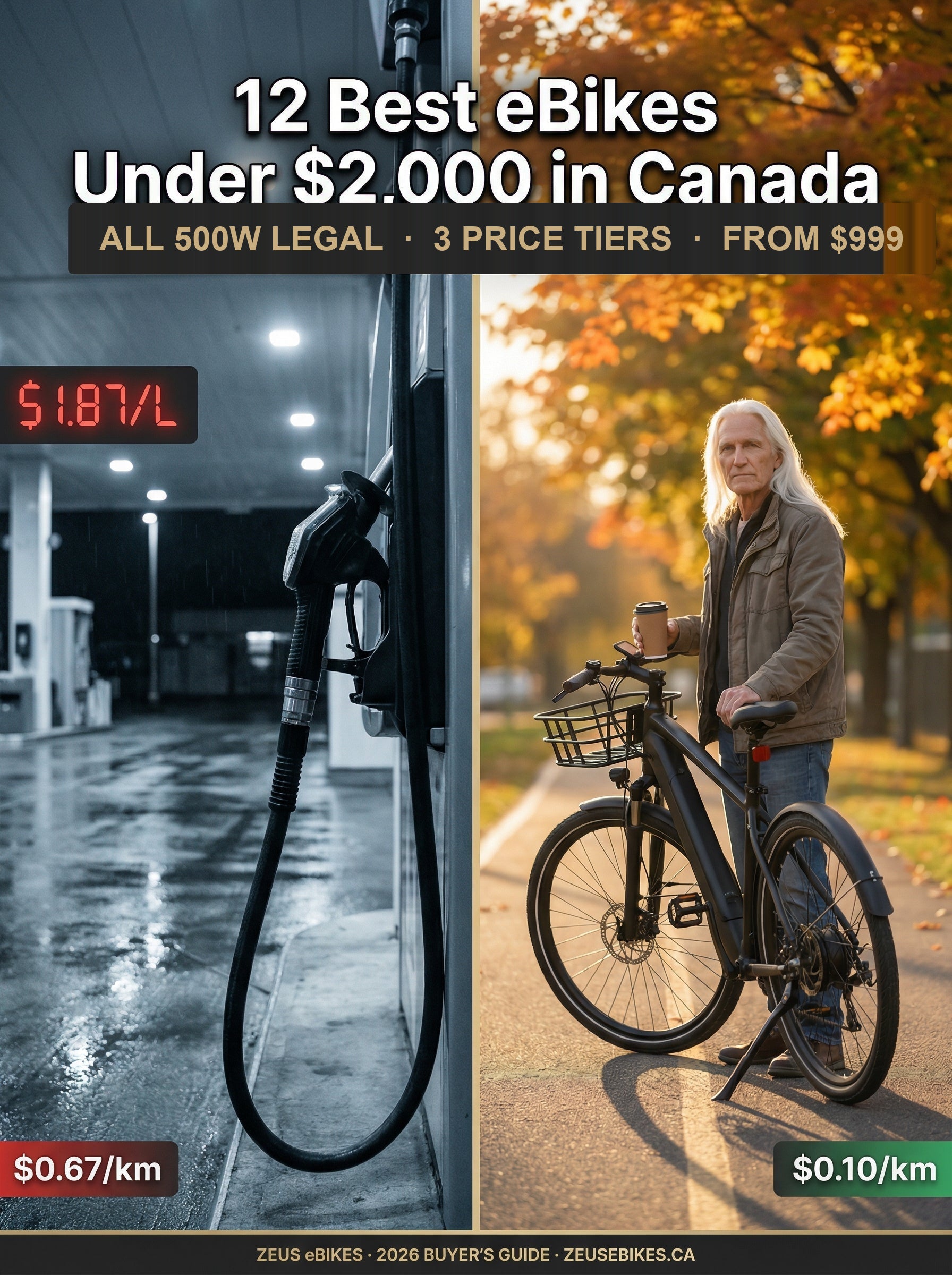 Split-frame cost comparison: a rainy Canadian gas station at $1.87/L and $0.67/km beside an autumn bike path where a rider stands with an electric bike at $0.10/km
