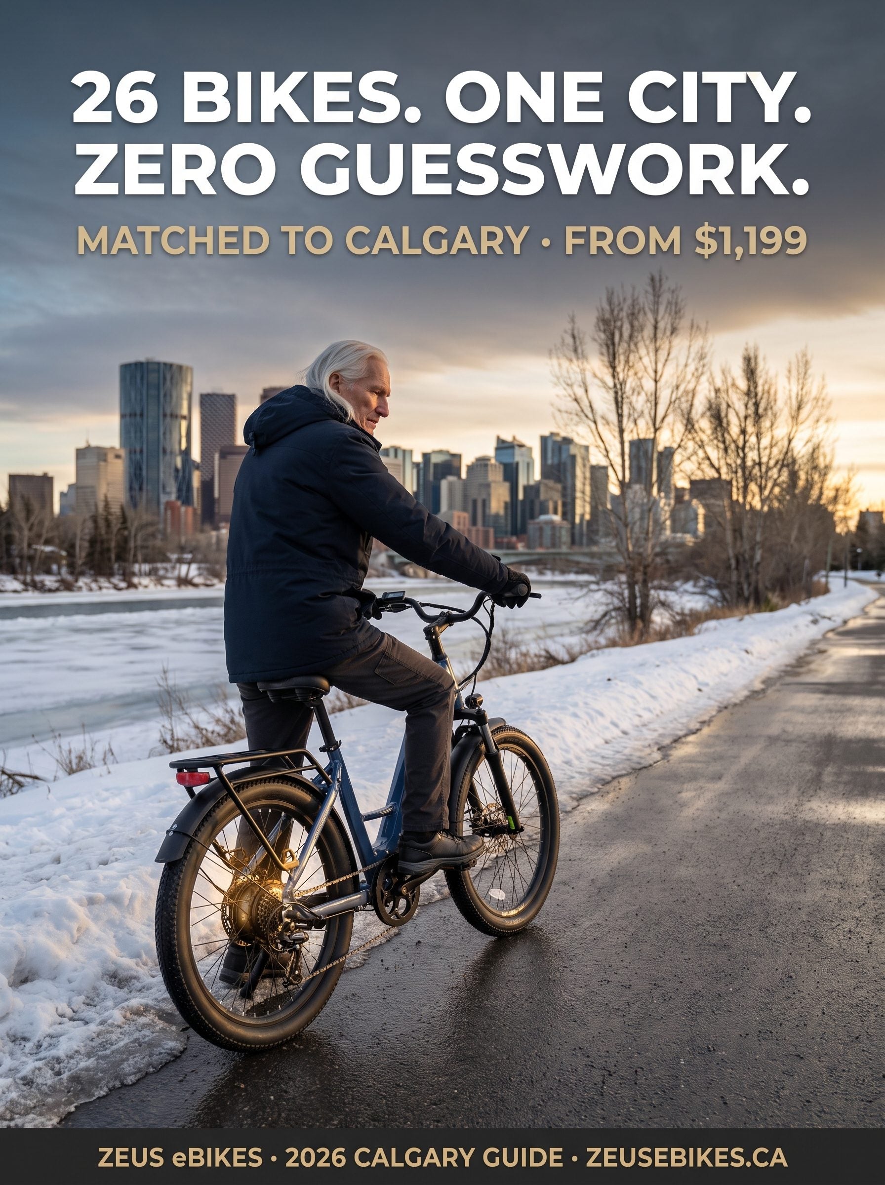 Rider pausing on the Bow River pathway in Calgary at golden hour under a chinook arch with the downtown skyline behind — Zeus eBikes 2026 Calgary guide cover
