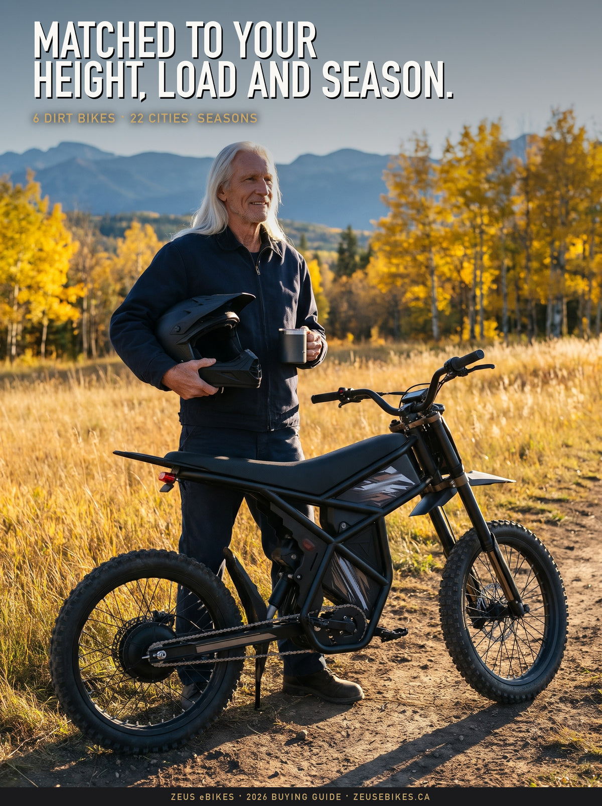 A Playcut rendering of the Riding Times GT73 Pro electric dirt bike, made from Riding Times' own photograph, with Zeus standing behind it in an Alberta foothills pasture in October, under the headline Matched to your height, load and season