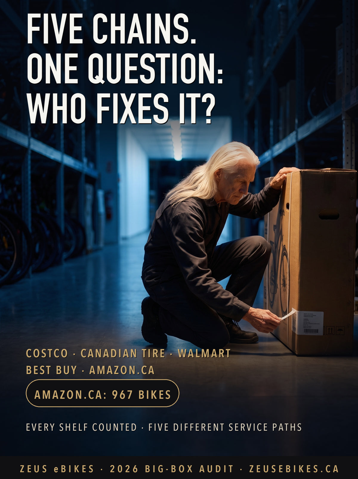 Reading the shipping label on a boxed electric bike in a darkened Canadian big-box aisle after hours — the 2026 Zeus audit of Costco, Canadian Tire, Walmart, Best Buy and Amazon.ca